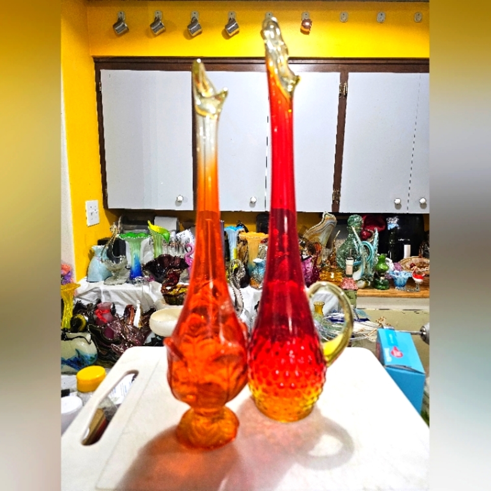 Vintage Viking Epic Tall Single Stem Persimmon and Orange Swung Vases